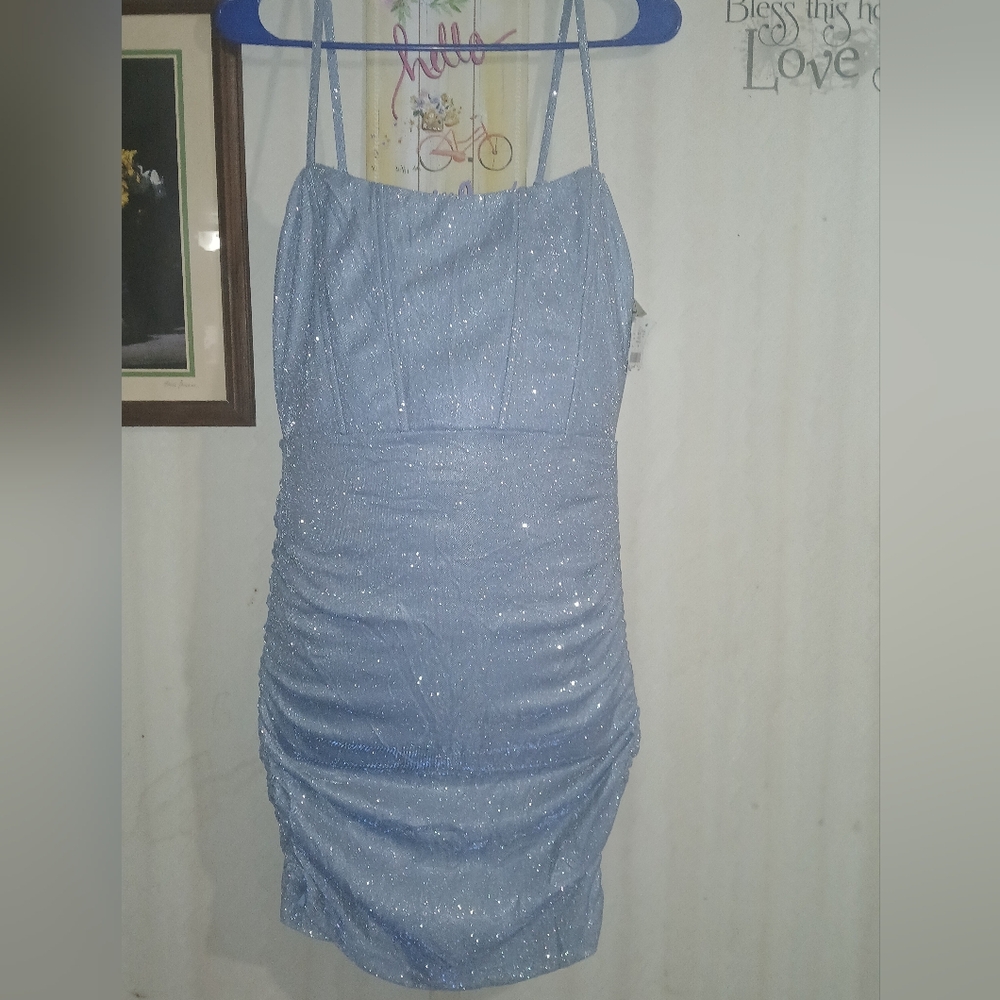 New Love Squared Shimmery Light Blue Ruched Spaghetti-Strap Dress